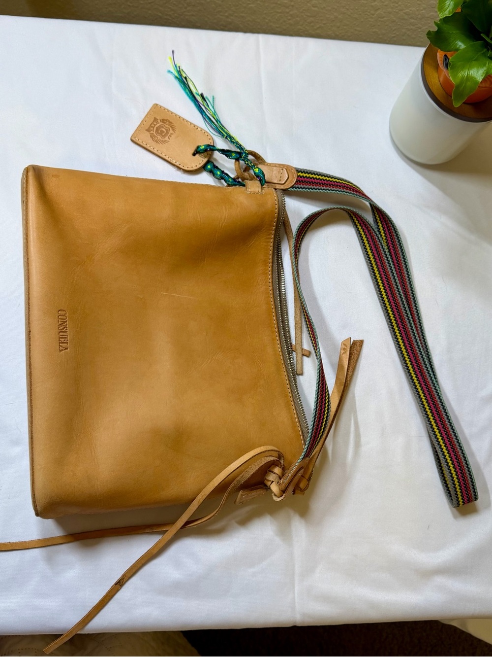 Consuela Natural Leather Crossbody Purse | Colorful Strap | Pre-Owned - Picture 4 of 9